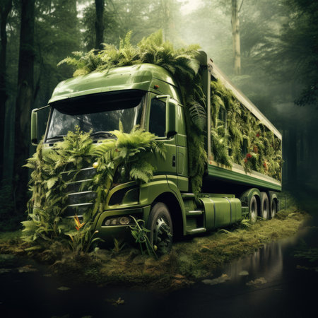 Truck. Ecological concept. Truck made of green vegetation in the forestの素材