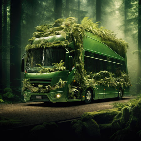 Bus. Ecological concept. Bus made of green vegetation in the forestの素材