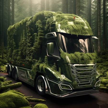 Truck. Ecological concept. Truck made of green vegetation in the forestの素材