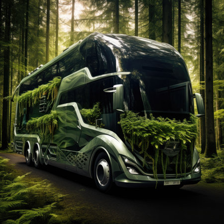 Bus. Ecological concept. Bus made of green vegetation in the forestの素材