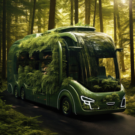 Bus. Ecological concept. Bus made of green vegetation in the forestの素材