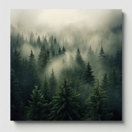 A lucious dark green forest with a cool setting mist creates an image that is perfect for any background whether it be a laptop or your phone.の素材