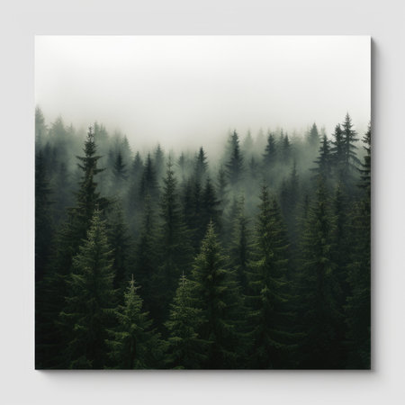 Foggy landscape with spruce forest in hazeの素材