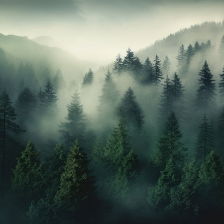 Foggy landscape with spruce forest in hipster vintage retro styleの素材
