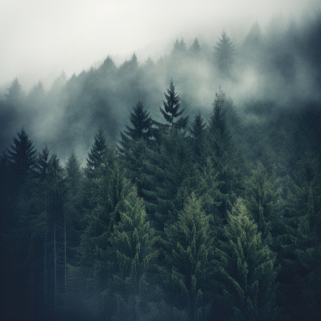 Pine forest in the valley on a foggy morning Fresh green atmosphereの素材