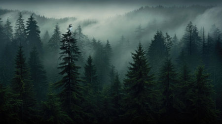 In the pine forest in the valley in the morning it is very foggy, the atmosphere looks scary. Dark tones and a vintage lookの素材