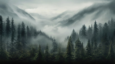 Foggy landscape with spruce forest in hipster vintage retro styleの素材