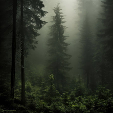 Panoramic view of the forest with morning fogの素材