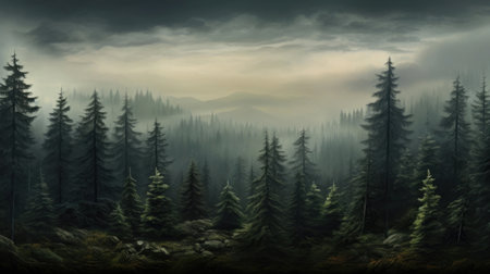 Panoramic view of the forest with morning fogの素材