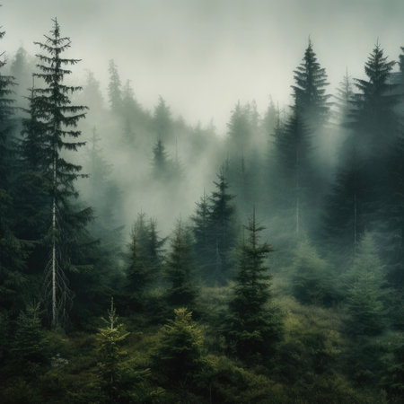 Pine forest in the valley on a foggy morning Fresh green atmosphereの素材