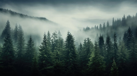 Foggy landscape with spruce forest in hazeの素材
