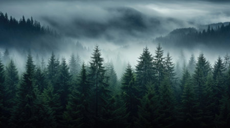 A lucious dark green forest with a cool setting mist creates an image that is perfect for any background.の素材