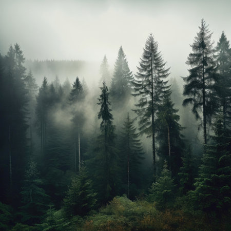 In the pine forest in the valley in the morning it is very foggy, the atmosphere looks scary. Dark tones and a vintage lookの素材