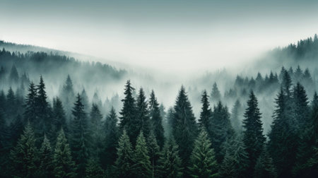 Pine forest in the valley on a foggy morning Fresh green atmosphere.の素材