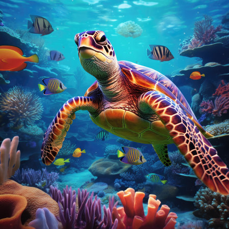 Big sea turtle. Underwater sea turtles. Sea turtle underwater sceneの素材