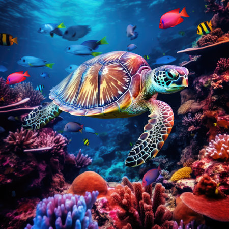 Sea turtle. View of a giant young green turtle swimming in the oceanの素材