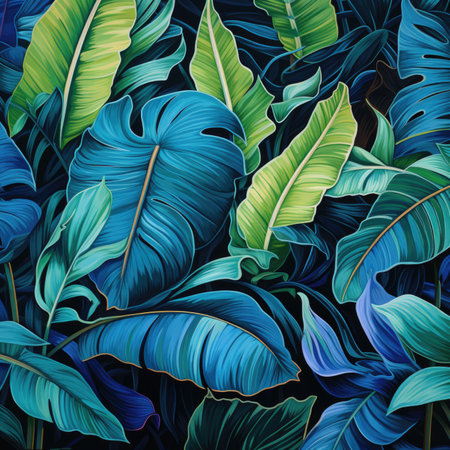 Closeup nature view of illuminated green leaf and palms background. Flat lay, dark nature concept, tropical leaf. AI Generationの素材