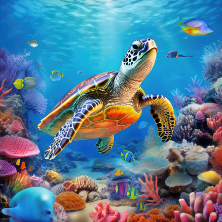 Sea turtle. Sea turtle swim underwater. Ocean coral reefの素材