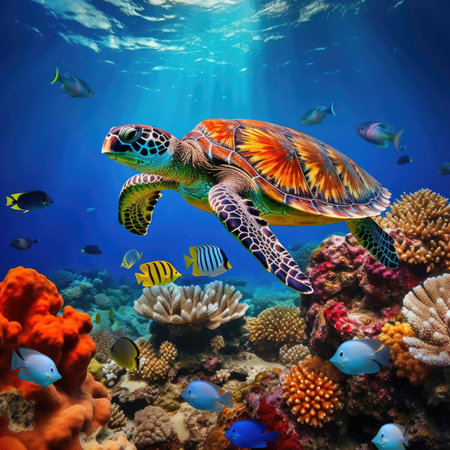 Sea turtle. View of a giant young green turtle swimming in the oceanの素材