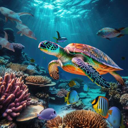 Sea turtle. Sea turtle swim underwater. Ocean coral reefの素材