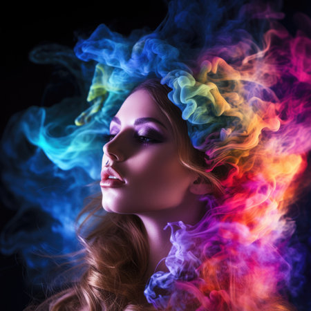 Young woman surrounded by a colored cloud of smoke. Close-up portrait of top modelの素材