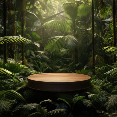 Minimal, natural log wood podium table, foliage of tropical backgroundの素材