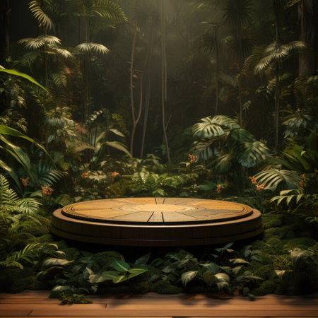 Wooden product display podium in jungle forest. Product presentation theme. Nature and Organic cosmetic and food concept.の素材