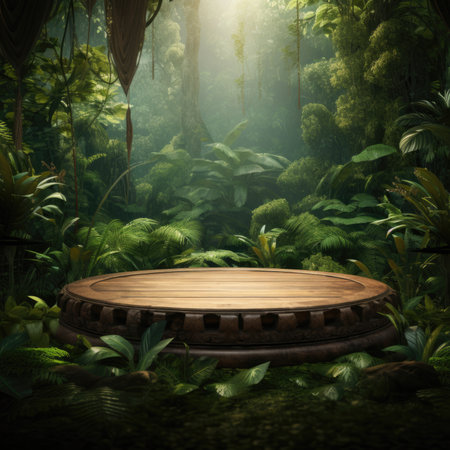 Wood table top podium floor in green tropical forest nature background.の素材