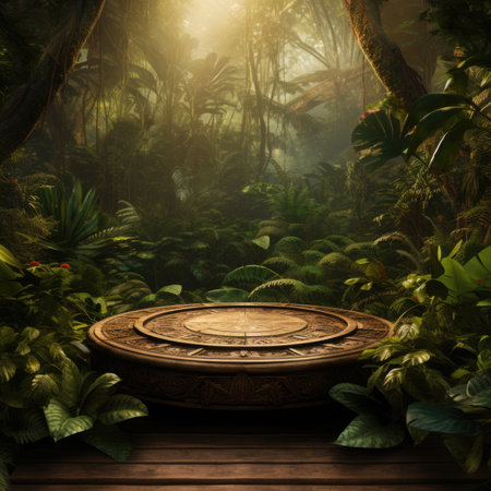 Wooden tabletop on among an exotic jungle. Podium platform for product presentation.の素材