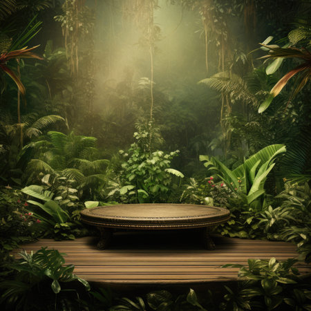 Circle wooden plinth in tropical forest for product presentationの素材