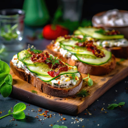 Bruschetta baguette, cheese, onion jam, figs and fresh thyme on a slate board. A tasty snack, ideal as an aperitifの素材