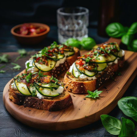 Bruschetta with roasted bell pepper, goat cheese, garlic and herbsの素材
