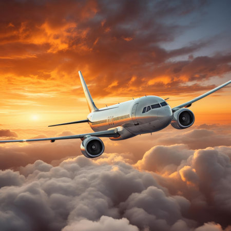 Passenger commercial plane flying above the clouds in the sunset light. Fast travel, vacation and business conceptの素材