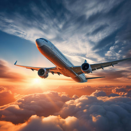 Airplane is flying above the clouds at sunset in summer. Landscape with passenger airplane, beautiful clouds, blue sky. Aircraft is taking off. Business travel. Commercial plane. Aerial viewの素材