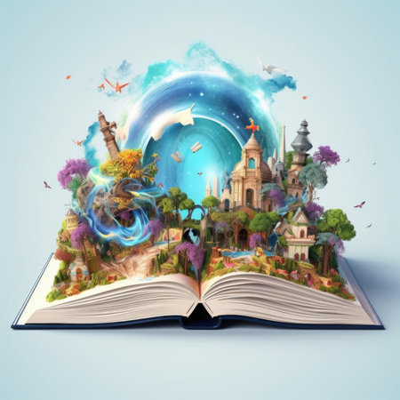 Open magic book concept, open pages with water and earth. Fantasy, nature or learning concept.の素材