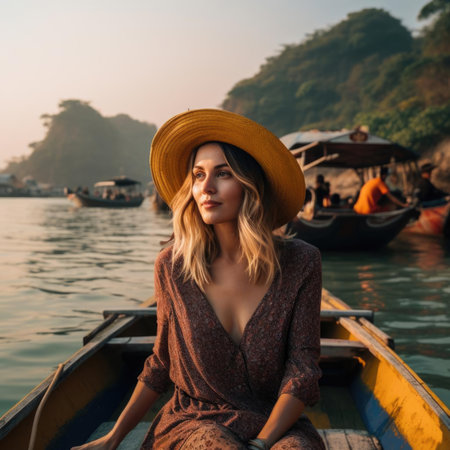 Asian woman posing on boat in lagoon among mountainsの素材