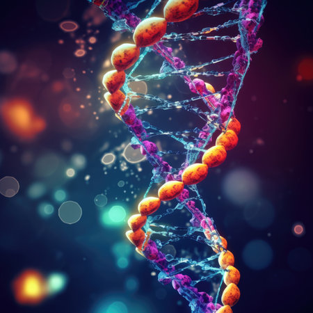 Blue chromosome DNA and gradually glowing flicker light matter chemical. Medical and Heredity genetic health concept. Technology science.の素材