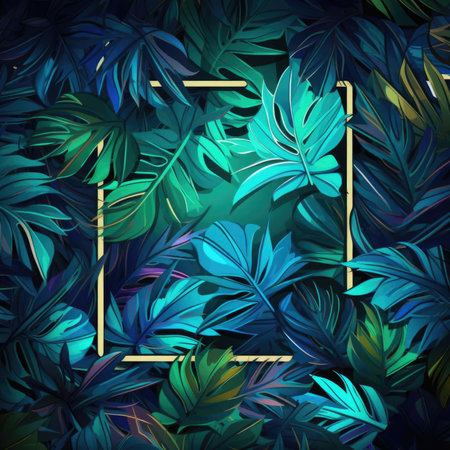 Sci Fi Futuristic Glowing frame Fluorescent Light In Green Fresh Vibrant Leaf Bush Night Dark Realistic Magical Backgroundの素材