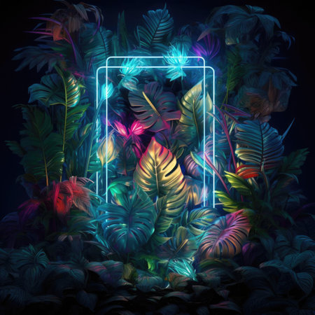 Sci Fi Futuristic Glowing frame Fluorescent Light In Green Fresh Vibrant Leaf Bush Night Dark Realistic Magical Backgroundの素材