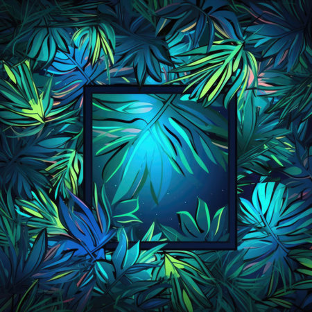 Sci Fi Futuristic Glowing frame Fluorescent Light In Green Fresh Vibrant Leaf Bush Night Dark Realistic Magical Backgroundの素材