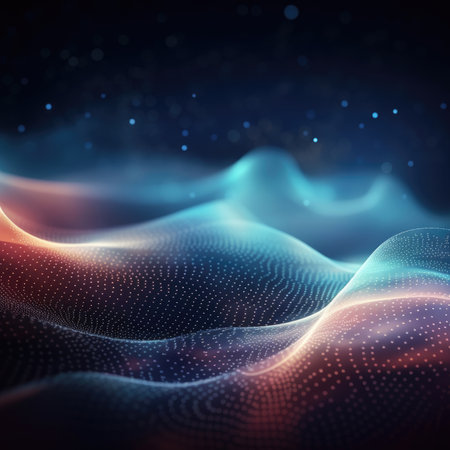 Flowing dot particles wave pattern blue and red gradient light on black background. Concept of AI technologyの素材
