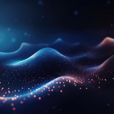 Digits abstract background with connected line and dots, wave flow. Digital neural networks. Network and connection background for your presentation. Graphic polygonal background.の素材
