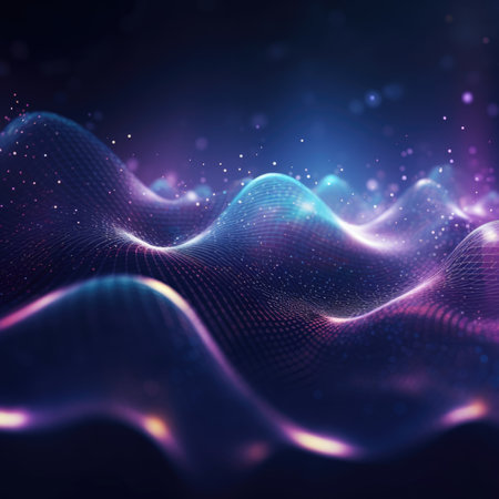 Cyber big data flow. Blockchain data fields. Network line connect stream. Concept of AI technology, digital communication, science research, 3D music wavesの素材