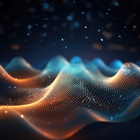 Dark abstract particles background with glowing wave. Shiny moving lines design element. Modern purple blue gradient flowing wave lines. Futuristic technology conceptの素材