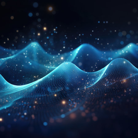 Beautiful abstract wave technology background with blue light digital effect corporate conceptの素材