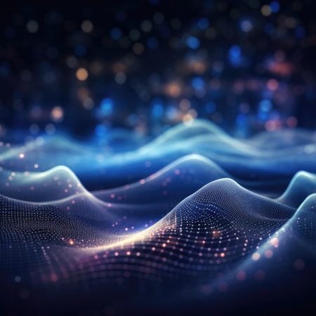 Abstract digital background of moving particles. Information space flow. Big data visualizationの素材