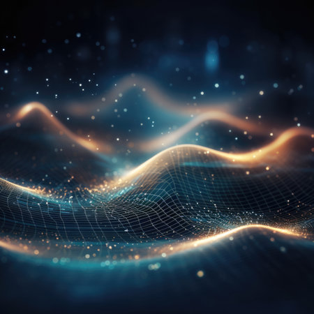 Blue and purple wavy particle surfaces on a black background. Abstract Technology or Science Banner. Cyberspace background. Particles with DOF effect.の素材