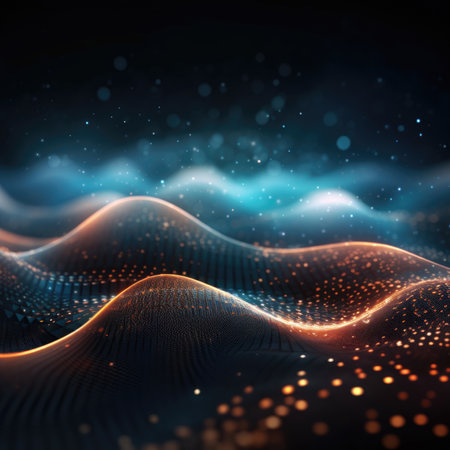 Technology digital wave background. Beautiful texture of wavy dots with glowing defocused particles. Cyber or technology background.の素材
