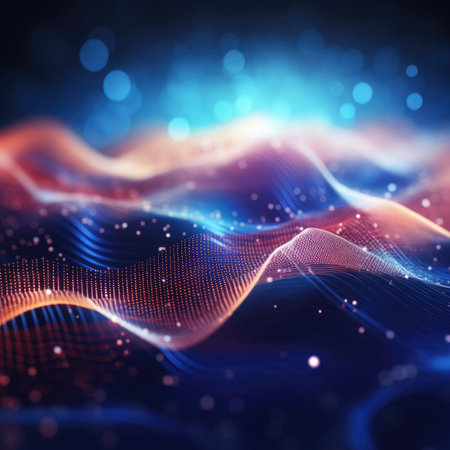 Wave of dots and interlacing lines. Abstract background. Structure of network connections.の素材