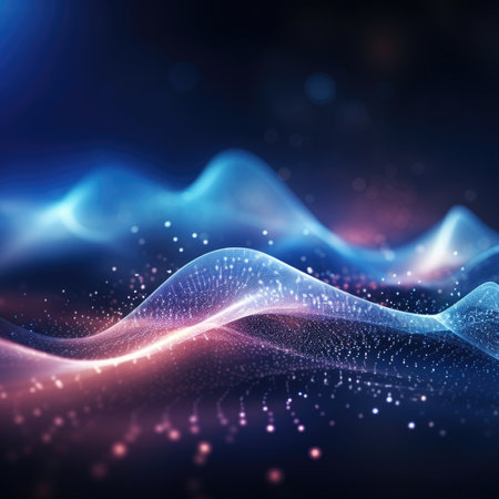 Abstract Waving Particle Technology Background Design. Abstract wave moving dots flow particlesの素材